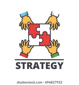 Puzzle pieces, hands putting together strategy, teamwork, cooperation, business, solution concept. Line vector icon. Editable stroke. Flat linear illustration isolated on white background