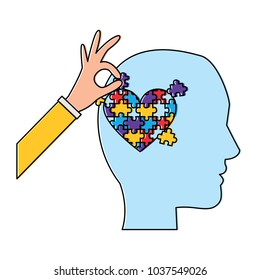 puzzle pieces heart love inside mind with hand icon image vector illustration design 