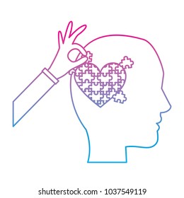 puzzle pieces heart love inside mind with hand icon image vector illustration design  blue to purple line