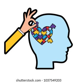 puzzle pieces heart love inside mind with hand icon image vector illustration design 