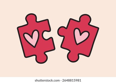 Puzzle pieces with heart symbol colored connection relationship love friendship bond. Vector illustration