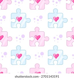 Puzzle pieces with hearts, seamless pattern. Vector Illustration for printing, backgrounds, covers and packaging. Image can be used for cards, posters and textile. Isolated on white background.