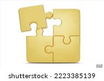 Puzzle pieces icon isolated on white background. Gold jigsaw puzzle cube, strategy jigsaw business, and education. Puzzle, jigsaw, incomplete data concept. 3d vector illustration.