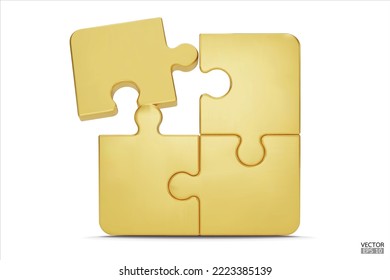 Puzzleteile Symbol einzeln auf weißem Hintergrund. Gold Puzzle Würfel, Strategie-Puzzle Business und Bildung. Puzzle, Puzzle, unvollständiges Datenkonzept. 3D-Vektorgrafik.