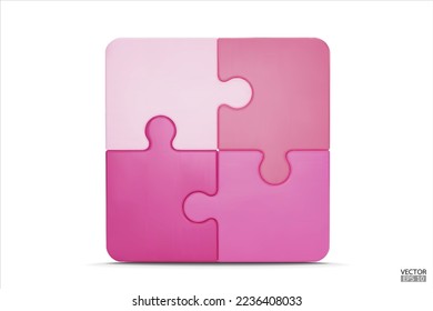 Puzzle pieces icon isolated on white background. Pink jigsaw puzzle cube, strategy jigsaw business, and education. Puzzle, jigsaw, incomplete data concept. 3d vector illustration.