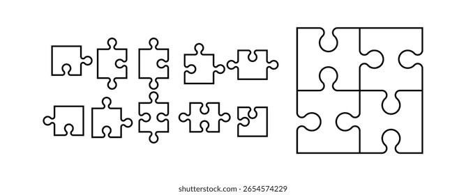 Puzzle Pieces Icon Pack - Flaches und umrissenes Puzzle-Vektorset für Logik-, Lösungs- und Planungsdesign