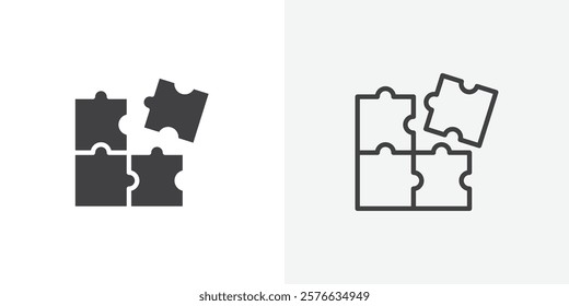 Puzzle pieces icon set in black flat solid and outlined style.