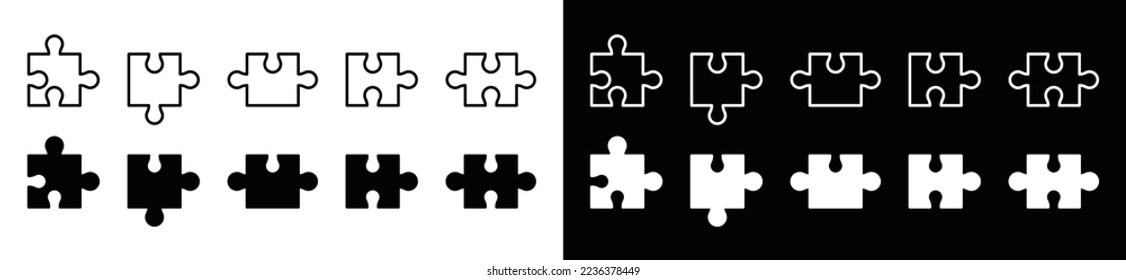 Puzzle pieces icon set. Puzzle in flat and outline style. Puzzle game vector illustration for apps and websites in black and white background