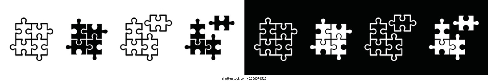 Puzzle pieces icon set. Puzzle in flat and outline style. Puzzle game vector illustration for apps and websites in black and white background