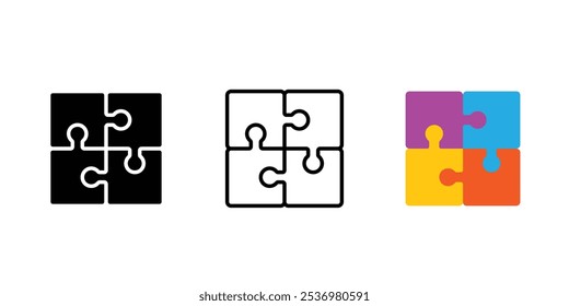 Puzzle pieces, icon, vector, logo, concept, people. Complete puzzle with four parts icon. Teamwork management symbol. Plugins sign. Logo template for website, Ui, app. Outline, flat, and colored style