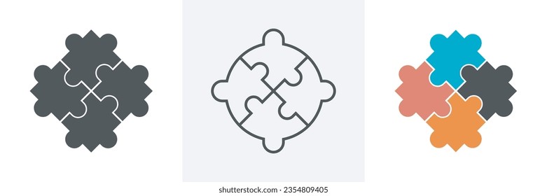 Puzzle pieces icon,jigsaw puzzle vector design icon with editable strokes.Four parts puzzle pieces isolated on white background.Vector illustration