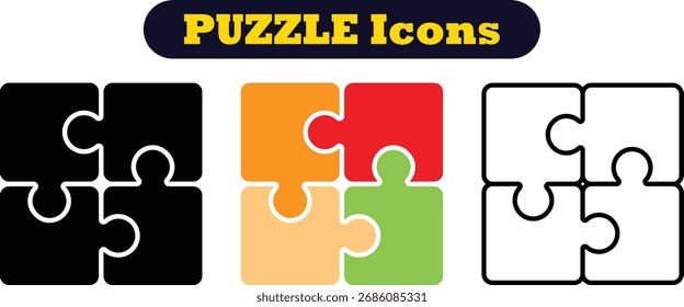 Puzzle pieces icons set in different shapes. Puzzles game piece collection in different style. Jigsaw, idea, solution etc. Teamwork Icon Set.