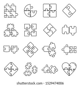 Puzzle pieces icons set. Outline set of puzzle pieces vector icons for web design isolated on white background