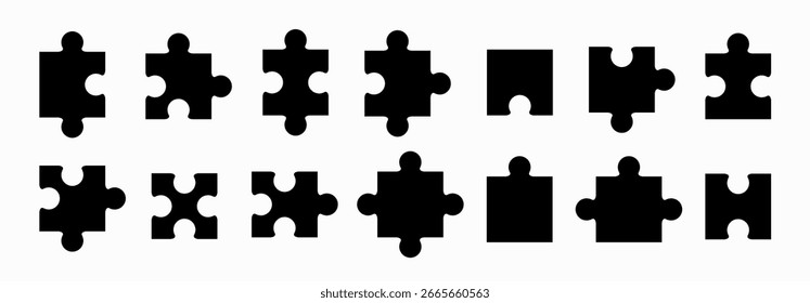 Ícones de peças de quebra- cabeça definidos. Simples vetor preto peças de quebra-cabeça coleção de ilustrações.