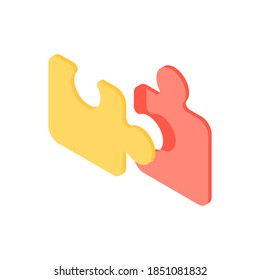 Puzzle pieces isometric icon. Logic puzzle with yellow and red details colored connection elements. Teamwork strategy creative solutions. Inspirational leisure time brainstorming vector illustration.