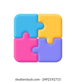 Puzzle pieces, jigsaw. Business solutions, teamwork, logic and game concept. 3d vector icon. Cartoon minimal style.