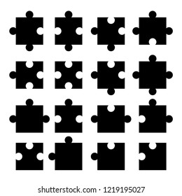 Puzzle Pieces. Jigsaw. Different Types Of Puzzle Pieces. Black And White Vector Illustration.