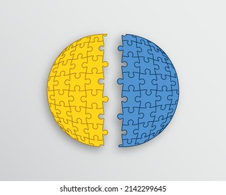 Puzzleteile. Jigsaw Raster in 3D-Kreisform. Einfaches Mosaik-Layout mit separaten Details. Blaugelbes Denkspiel auf grauem Hintergrund. Laserschnitt-Rahmen. Vektorgrafik.