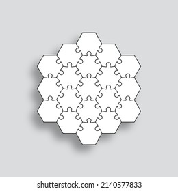 Puzzle pieces. Jigsaw grid with separate shapes. Thinking mosaic game with colorful hexagonal details. Outline simple background. Cutting template. Vector illustration.