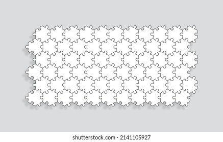 Puzzle pieces. Jigsaw grid with separate shapes. Thinking mosaic game with hexagonal details. Outline seamless background. Cutting template. Vector illustration.