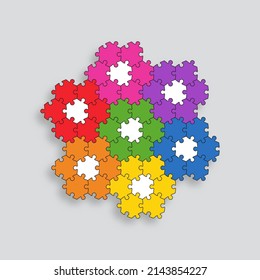 Puzzle pieces. Jigsaw grid with separate parts. Thinking mosaic game with colorful hexagonal details. Outline background stylized in flower shape. Cutting template. Vector illustration.