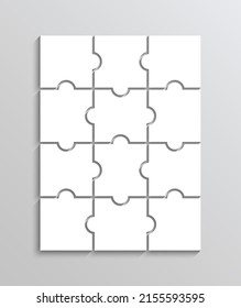 Puzzleteile. Jigsaw-Gittervorlage. Denkendes Mosaikspiel mit 3x4 Formen. Einfaches strukturiertem Hintergrund. Laserschnitt-Rahmen mit 12 Einzeldetails. Vektorgrafik. Erfolgskonzept.