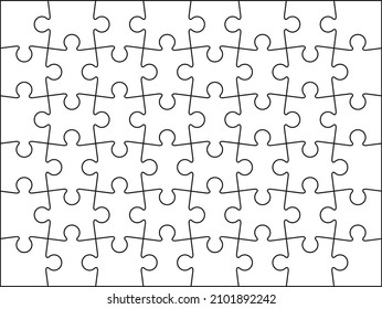 Puzzle pieces. Jigsaw grid. Thinking mosaic game with 6x8 details. Laser cut frame. Simple background with 48 separate shapes. Vector illustration.