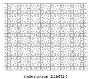 Puzzle pieces. Jigsaw grid. Thinking mosaic game with 20x25 color details. Laser cut frame. Puzzle layout with 50 separate shapes on white background. Vector illustration.