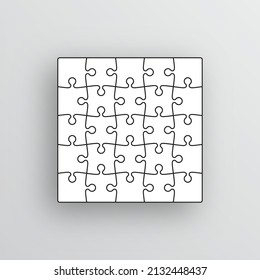 Puzzle pieces. Jigsaw grid. Thinking mosaic game with 25 details. Laser cut frame. Puzzle layout with separate shapes on white background. Vector illustration.