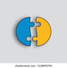 Puzzle pieces. Jigsaw grid. Thinking mosaic game with 2 details stylized in circle shape. Laser cut frame. Simple background with color separate shapes. Vector illustration.