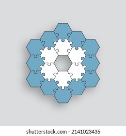 Puzzle pieces. Jigsaw grid. Thinking mosaic game with separate hexagonal details. Simple background stylized in hexagon shape. Cutting template. Vector illustration.