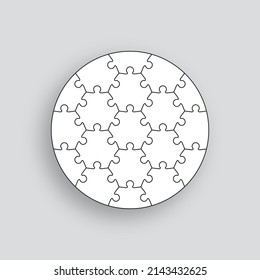 Piezas de rompecabezas. Cuadrícula de jigsaw. Pensar en un juego de mosaico con detalles hexagonales estilizados en forma de círculo. Fondo moderno con formas separadas. Baldosas de marco simples. Plantilla de corte. Ilustración vectorial.