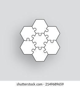 Puzzle pieces. Jigsaw grid. Thinking mosaic game with white separate hexagonal details. Simple background with 7 shapes. Cutting template. Vector illustration.