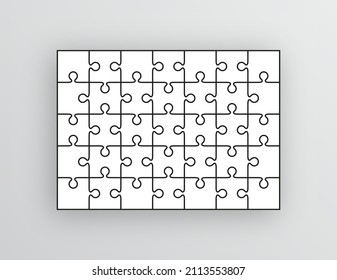 Puzzle pieces. Jigsaw outline grid. Thinking game. Simple mosaic layout with separate shapes. Modern puzzle background. Laser cut frame. Vector illustration.