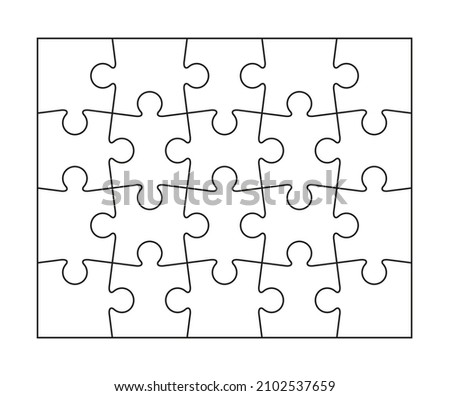 Puzzle pieces. Jigsaw outline grid. Thinking mosaic game. Simple background with separate shapes. Laser cut template with 4x5 details. Vector illustration.