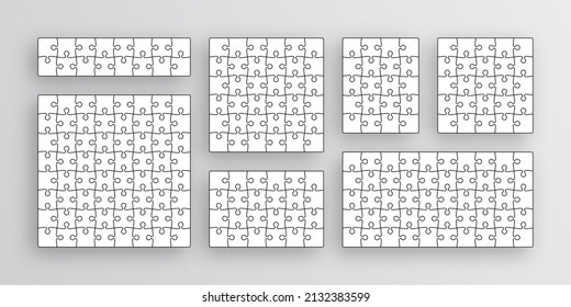 Puzzle pieces. Jigsaw outline grids. Scheme for thinking game. Simple mosaic background with separate shapes. Set of cutting template with details. Frame tiles. Vector illustration.