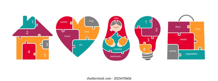 Puzzle  Pieces,  Jigsaws, Infographic. Infographics Design Vector With Puzzle Pieces.  Can Be Used As Infographics Element. Jigsaw Puzzle In Shape Of Light Bulb, Heart, Bag, House