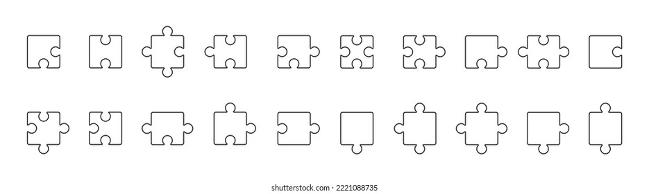 Conjunto de líneas de piezas de rompecabezas. Colección de silueta de rompecabezas lineales diferentes. Ilustración vectorial aislada en blanco.