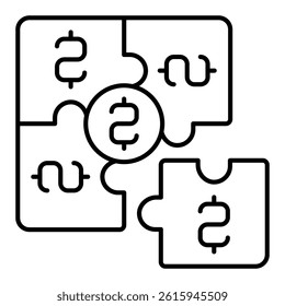 Puzzle pieces of money thin line icon, financial troubles concept. Vector graphics. Money source, budget sign on white background, linear style for mobile or design