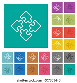 Puzzle pieces multi colored flat icons on plain square backgrounds. Included white and darker icon variations for hover or active effects.