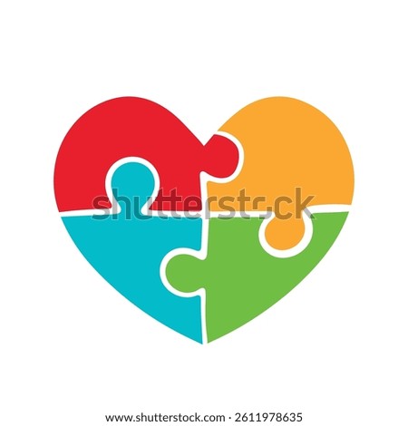 Puzzle pieces on heart shape for Autism Down Syndrome Icon Clipart Vector Illustration Isolated on transparent Background