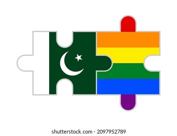puzzle pieces of pakistan and rainbow flags. vector illustration isolated on white background
