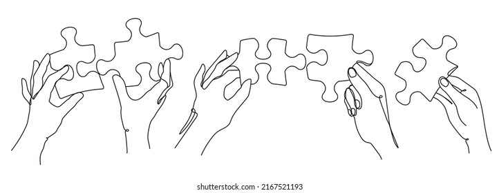 Puzzle pieces in peoples hands. Continuous line art of solution selection, jigsaw or problem solving and teamwork vector illustration set of business teamwork concept puzzle, solution connection