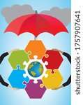 Puzzle pieces with planet Earth in middle. Umbrella protects, hands holding puzzle togheter. Vector illustration.