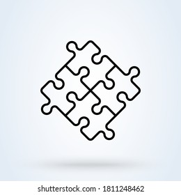 Puzzle pieces and problem solving icon or logo line art style. Outline puzzle game fully editable concept. puzzles and solutions, compatibility vector illustration.