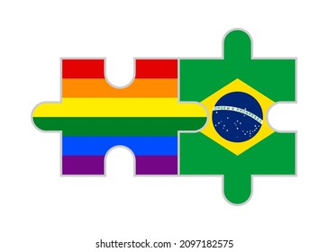 puzzle pieces of rainbow and brazil flags. vector illustration isolated on white background
