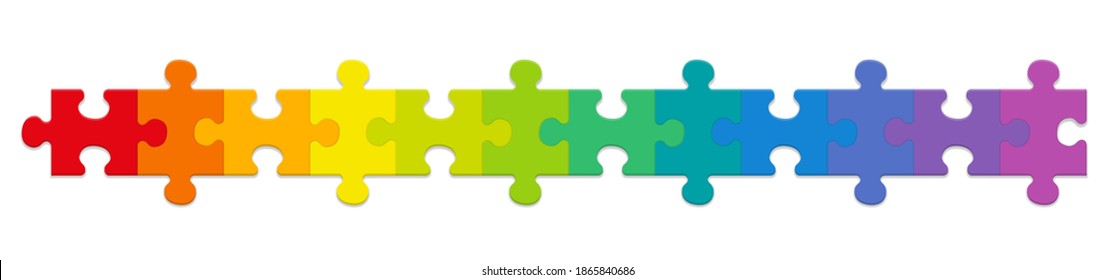 Puzzle pieces  rainbow gradient colored jigsaw puzzle pieces  twelve different colors in row  Isolated vector illustration white background 
