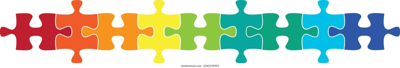 Puzzle pieces  rainbow gradient colored jigsaw puzzle pieces  twelve different colors in row  Isolated vector illustration white background 