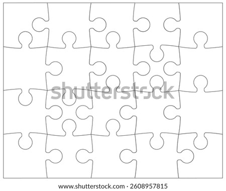 Puzzle pieces rectangle printable contour isolated on a white background. Jigsaw puzzle game template with angles. Outlines puzzle pieces, adjustable and editable minimalist mockup.