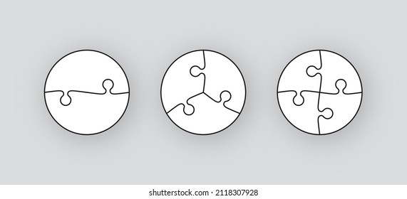 Piezas de rompecabezas. Cuadrícula redonda de sierra de jigsita. Pensando en un juego de mosaicos con 2, 3 y 4 formas. Fondo sencillo con detalles separados. Marco de corte láser circular. Ilustración vectorial.